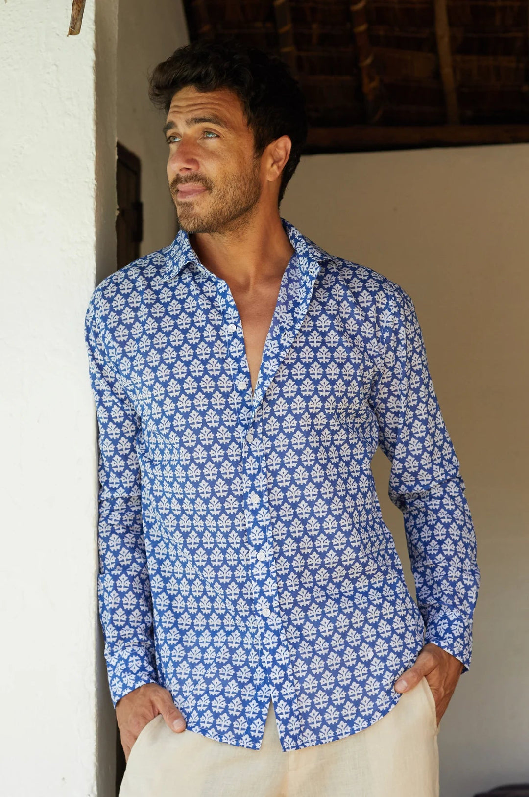 Men's Printed Organic Cotton Shirt by Aspiga Men's Printed Organic Cotton Shirt Aspiga Medium Blue/ White Batik 