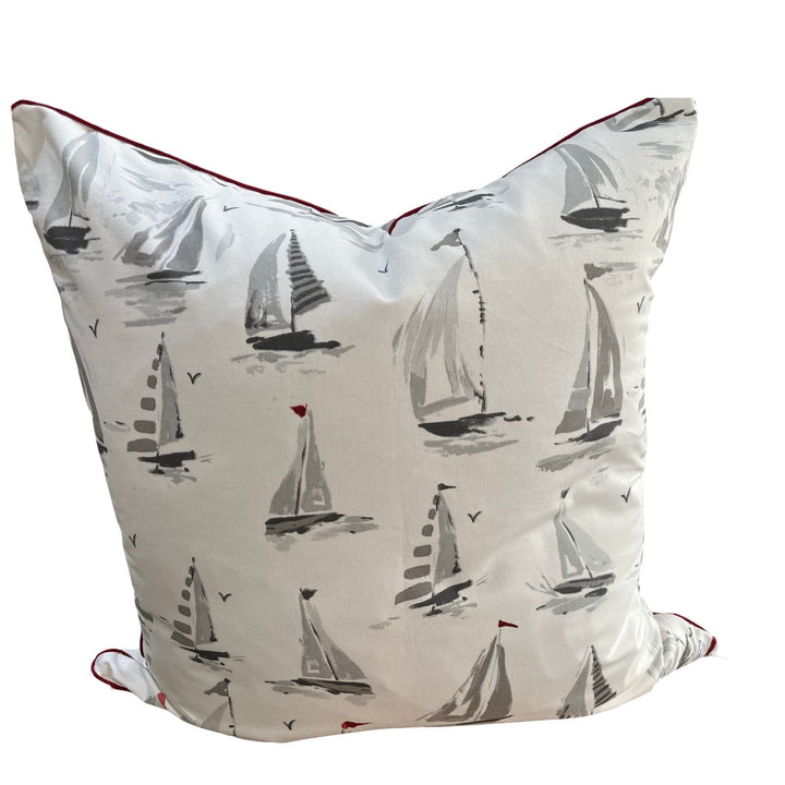 Wild Atlantique Custom Cushions Wild Atlantique Custom Coastal Cushion Cover Wild Atlantique Grey Sailboats front & back with Red welt without insert 65 x 65cm 