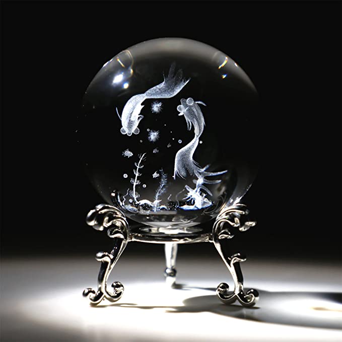 Crystal Glass Sphere on Stand 3D Crystal Glass Paperweight Wild Atlantique Fish & Seaweed 