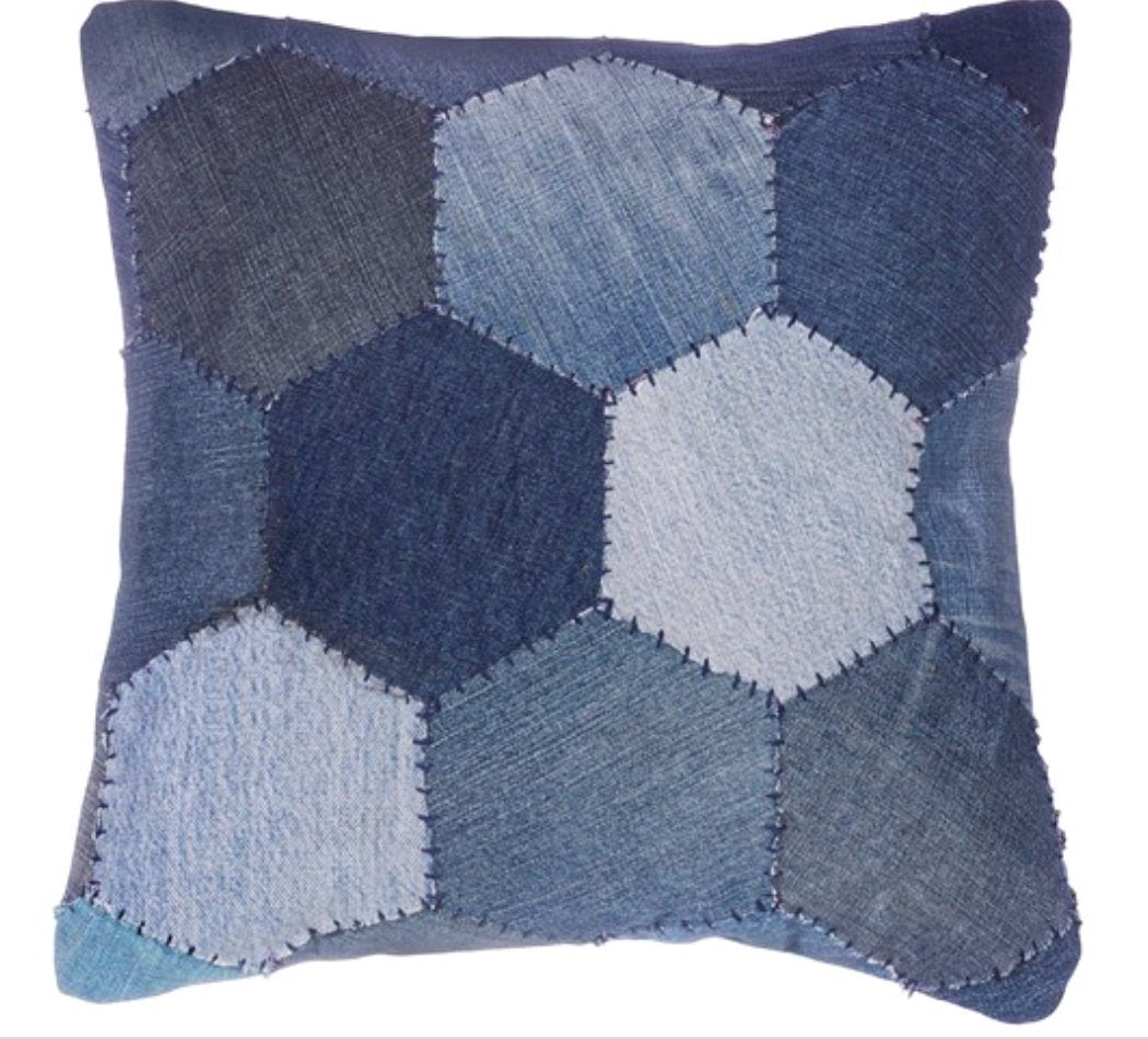 Denim Patchwork Cushions Denim Cushions Sass & Belle Denim Hexagon Cushion 
