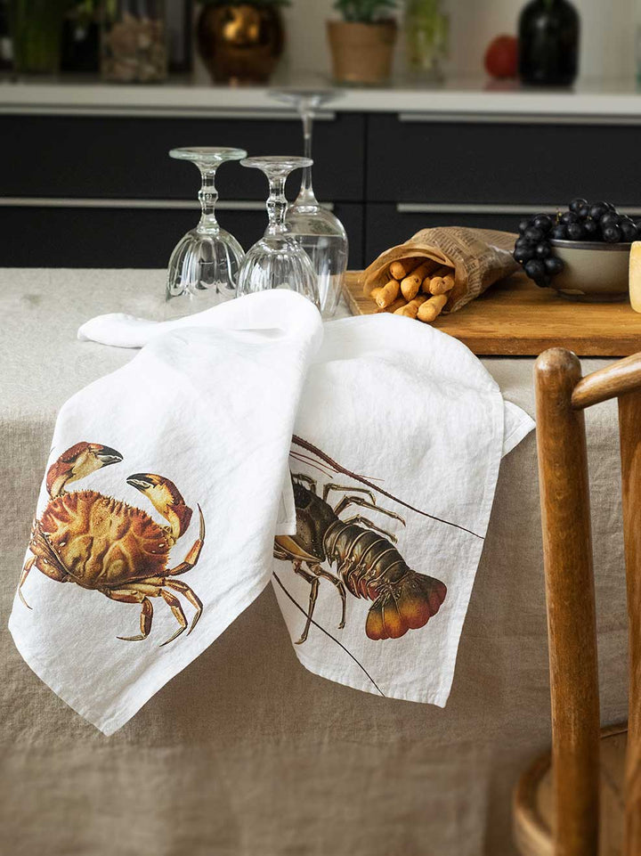 Marine Style Linen Dish Towels Marine Style Linen Dish Towels Linoroom Crab & Lobster on White Linen 