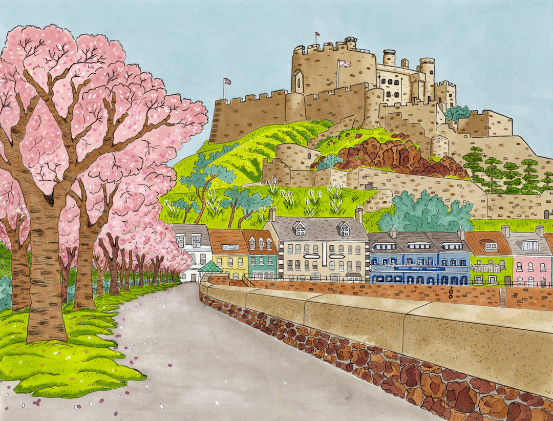 Theo Jenner Artwork Theo Jenner Cards & Prints Theo Jenner Cherry Blossom at Mont Orgueil Castle Card 